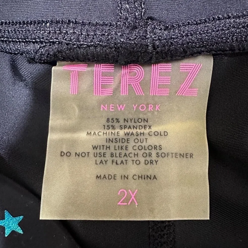 Terez Womens Plus Size 2X Black Mini Star Foil Print Wide Waistband Leggings NEW